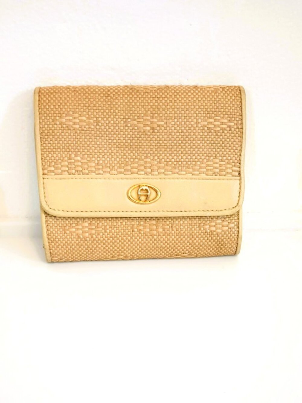 Etienne Aigner Woven Raffia Wallet Beige Weave with Leather Trim with Mirror